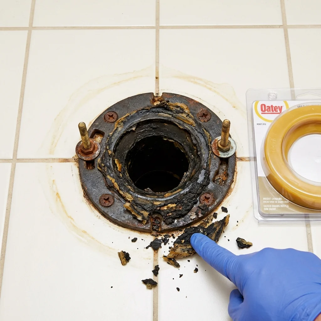 Failed wax ring showing water seepage at the base of a toilet in a Avon, NY home