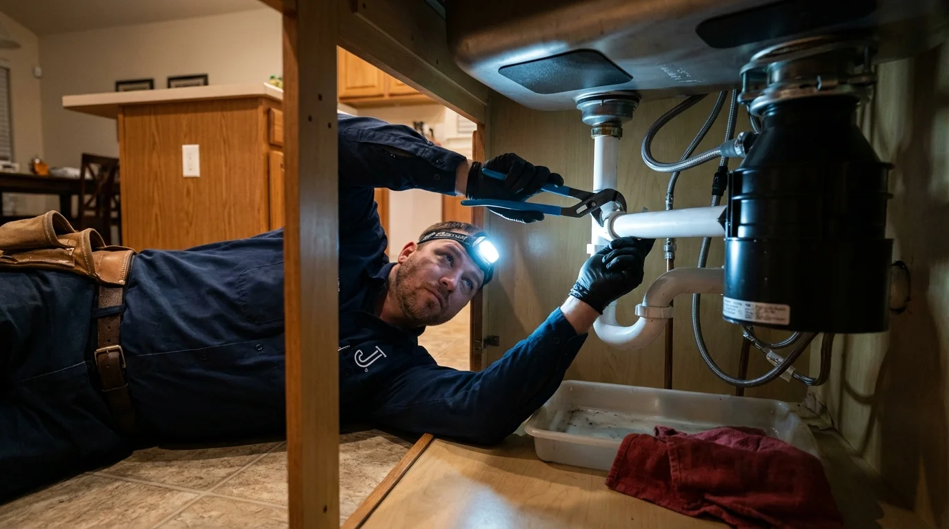 P-trap and supply line connections under a kitchen sink showing a common leak point in Avon, NY